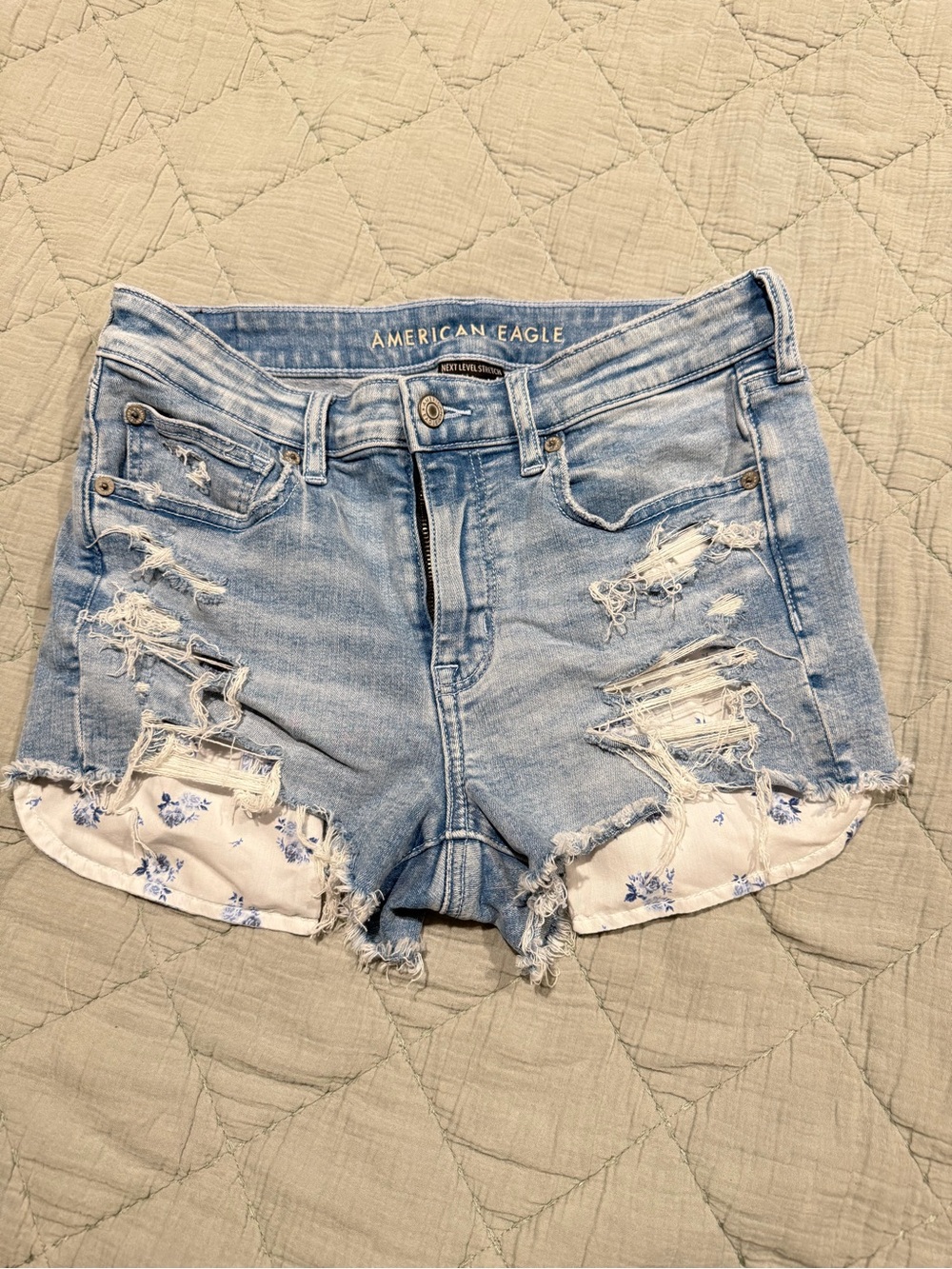 American Eagle Outfitters Light Blue Distressed Denim Shorts with Floral Lining